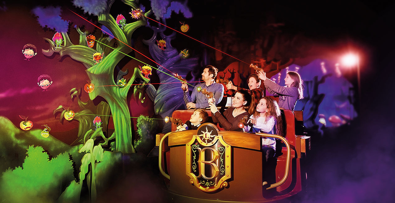 Interactive dark ride with happy family